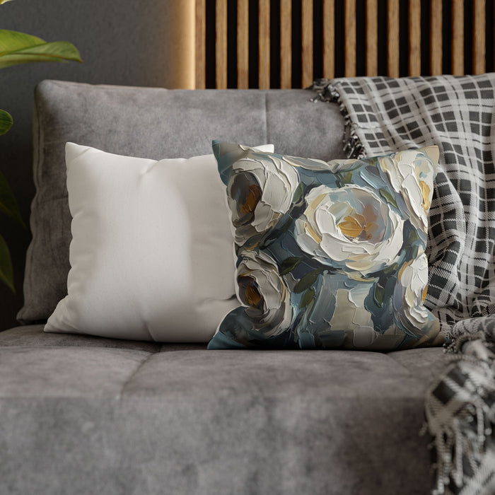Blue Flowers - Neutral Rustic Coastal Decorative Throw Pillow Cover