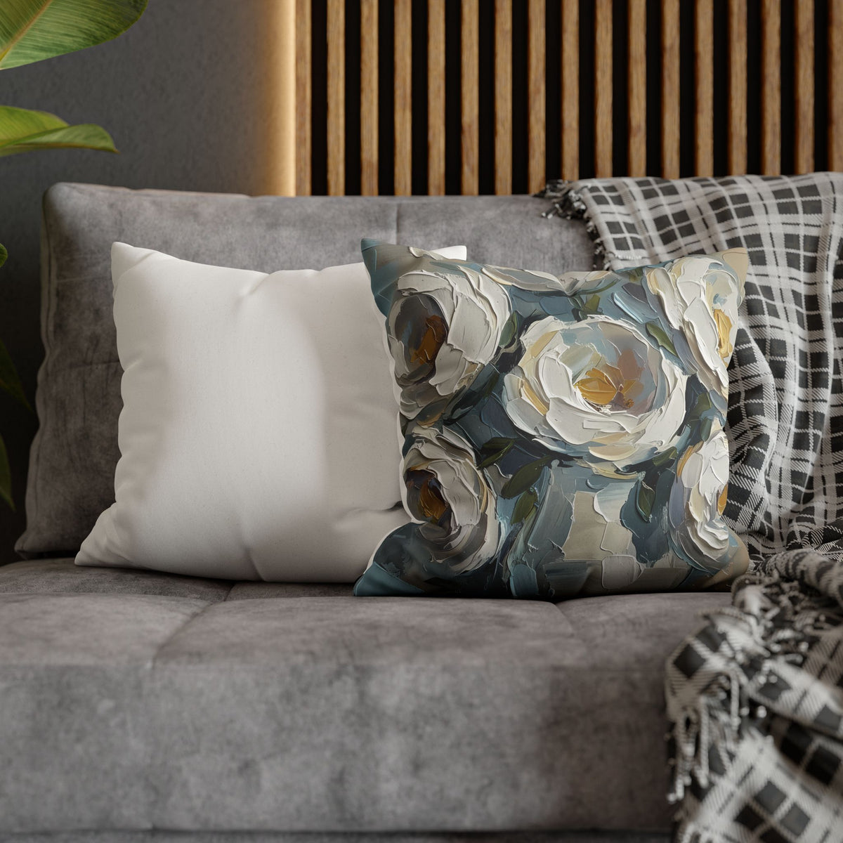 Blue Flowers - Neutral Rustic Coastal Decorative Throw Pillow Cover