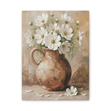 Fine Art Print of "Cosmos Flowers" (60x80cm)" Wall Art Rustic Easter Painting featuring a vintage vase with blooming white flowers.