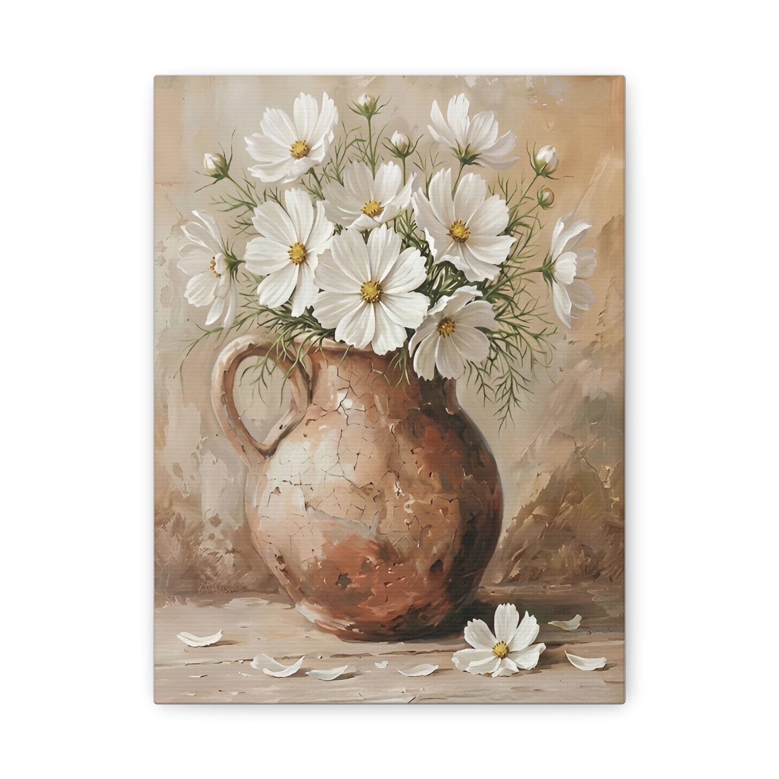 Fine Art Print of "Cosmos Flowers" (60x80cm)" Wall Art Rustic Easter Painting featuring a vintage vase with blooming white flowers.