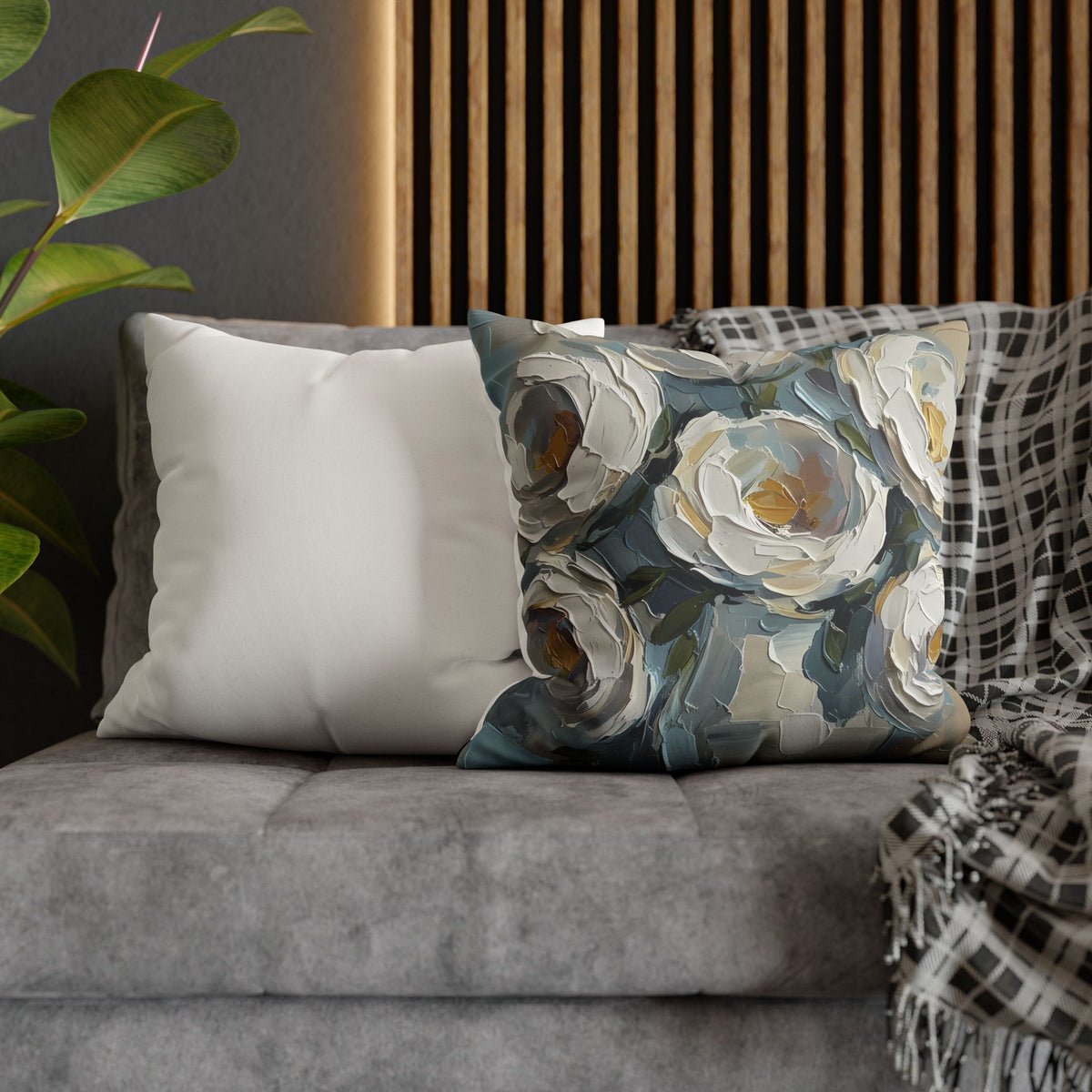 Blue Flowers - Neutral Rustic Coastal Decorative Throw Pillow Cover