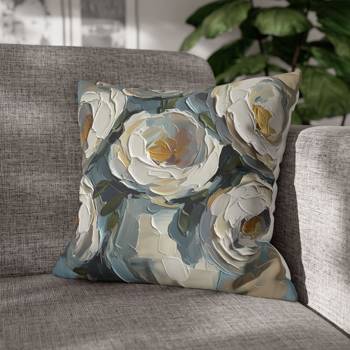 Blue Flowers - Neutral Rustic Coastal Decorative Throw Pillow Cover