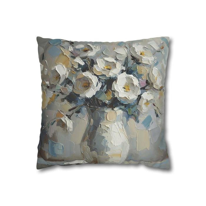 White Floral Bouquet Pillowcase — Neutral Rustic Coastal Decorative Throw Pillow Cover