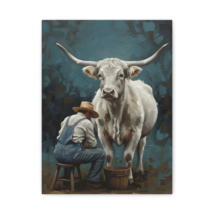 Longhorn & Milker Canvas Wall Art — Rustic Farmhouse Cowboy Cow Painting