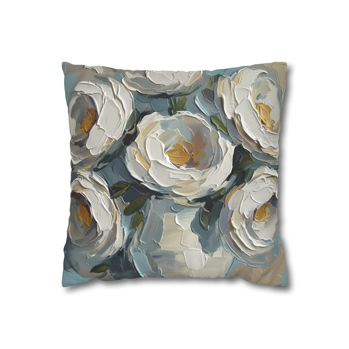 Blue Flowers - Neutral Rustic Coastal Decorative Throw Pillow Cover