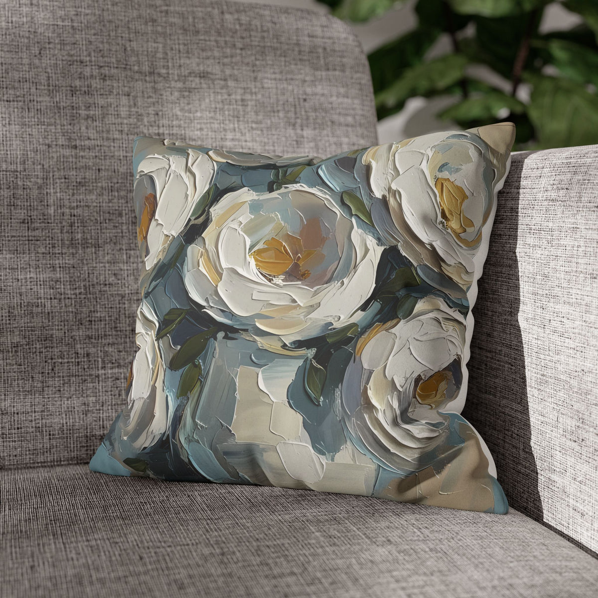 Blue Flowers - Neutral Rustic Coastal Decorative Throw Pillow Cover