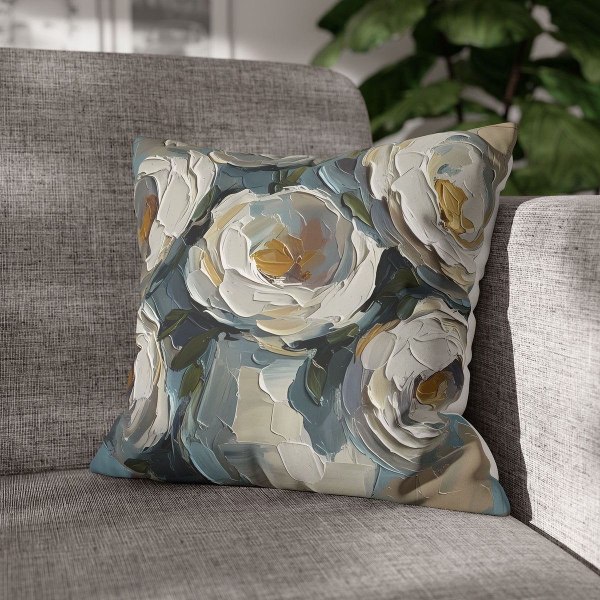 Blue Flowers - Neutral Rustic Coastal Decorative Throw Pillow Cover