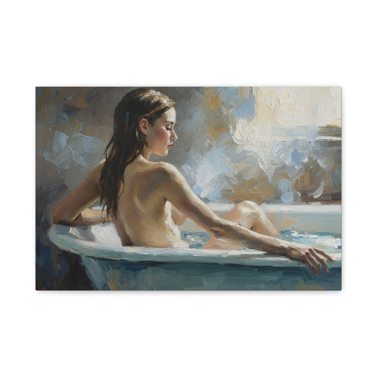 Fine Art Print of "Springside Sanctuary" Wall Art Rustic Woman Painting in a bathtub setting.