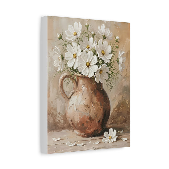 Fine Art Print of "Cosmos Flowers" (60x80cm)" Wall Art Rustic Easter Painting featuring white flowers in a rustic vase.