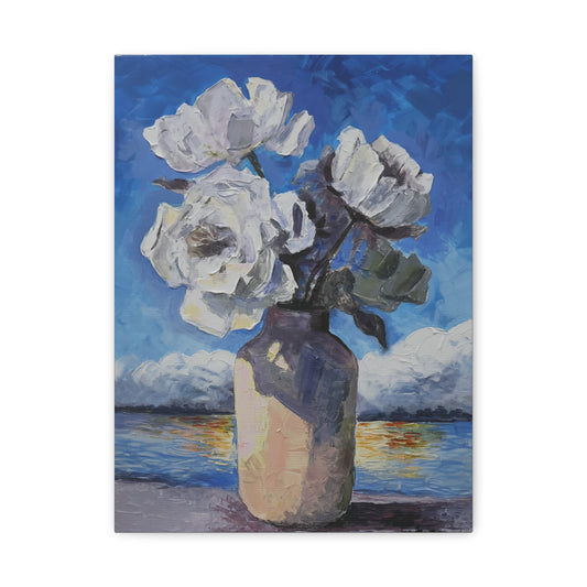 Fine Art Copy of White Flowers Acrilic on Canvas Wall Art — Rustic Farmhouse Flowers Painting