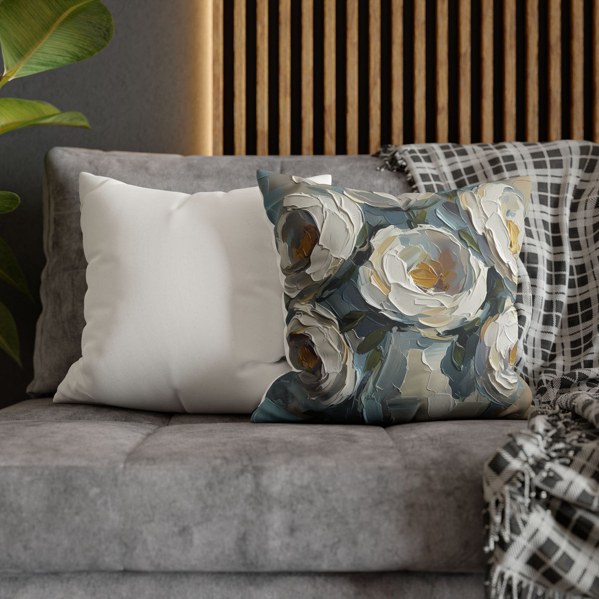 Blue Flowers - Neutral Rustic Coastal Decorative Throw Pillow Cover