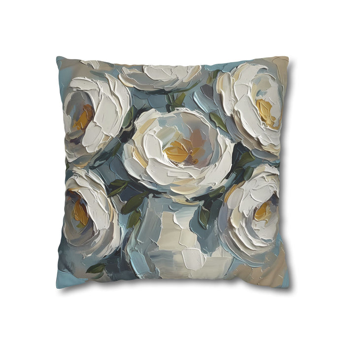 Blue Flowers - Neutral Rustic Coastal Decorative Throw Pillow Cover