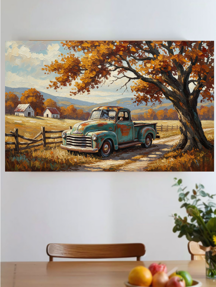 Original Acrylic on Canvas "Vintage Truck Autumn Farm" 60x80cm