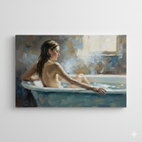 Original Acrylic Painting "Springside Sanctuary"60x80 cm, featuring a serene scene of a woman in a bathtub.