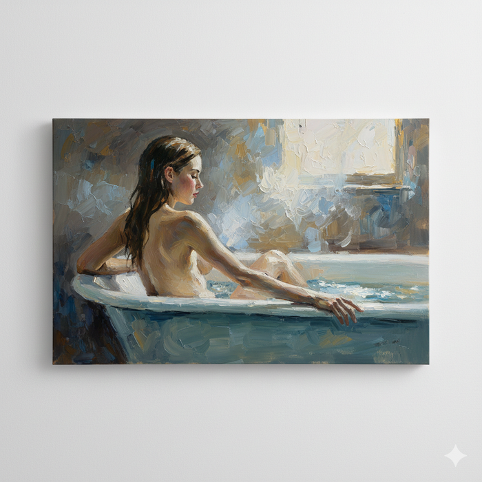 Original Acrylic Painting "Springside Sanctuary"60x80 cm, featuring a serene scene of a woman in a bathtub.