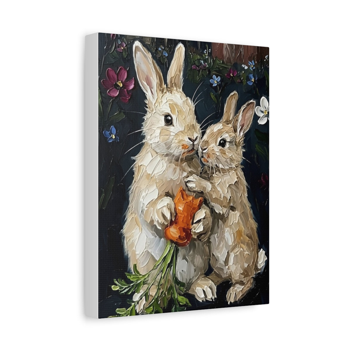 Fine Art Print of "Spring Harmony" (60x80cm) Wall Art Rustic Easter Painting featuring two bunnies with a carrot.