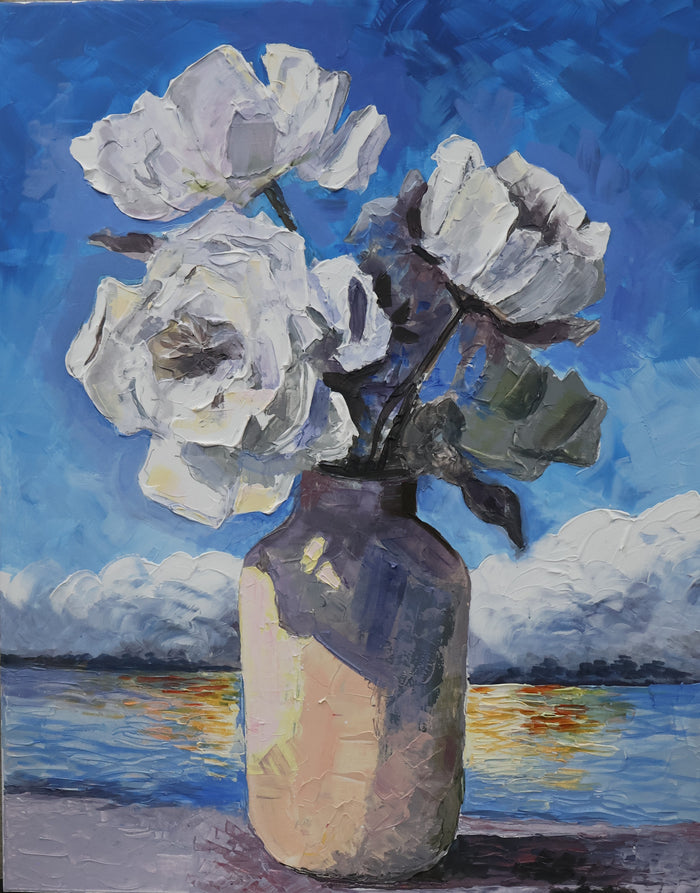 Original Acrylic on Canvas "White Flowers" 60X80cm