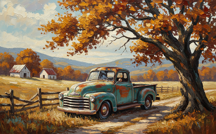 Original Acrylic on Canvas "Vintage Truck Autumn Farm" 60x80cm