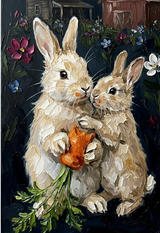 Fine Art Print of "Spring Harmony" (60x80cm)" Wall Art Rustic Easter Painting featuring adorable bunnies with a carrot.