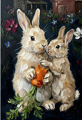 Fine Art Print of "Spring Harmony" (60x80cm)" Wall Art Rustic Easter Painting featuring adorable bunnies with a carrot.