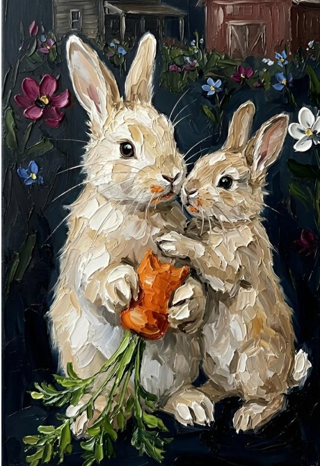 Fine Art Print of "Spring Harmony" (60x80cm)" Wall Art Rustic Easter Painting featuring adorable bunnies with a carrot.
