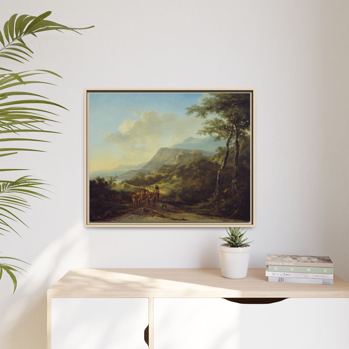 Italian Landscape with Travelers - Natural Wood Frame in Room