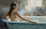 Original Acrylic Painting "Springside Sanctuary"60x80 cm depicting a serene young woman in a bath.