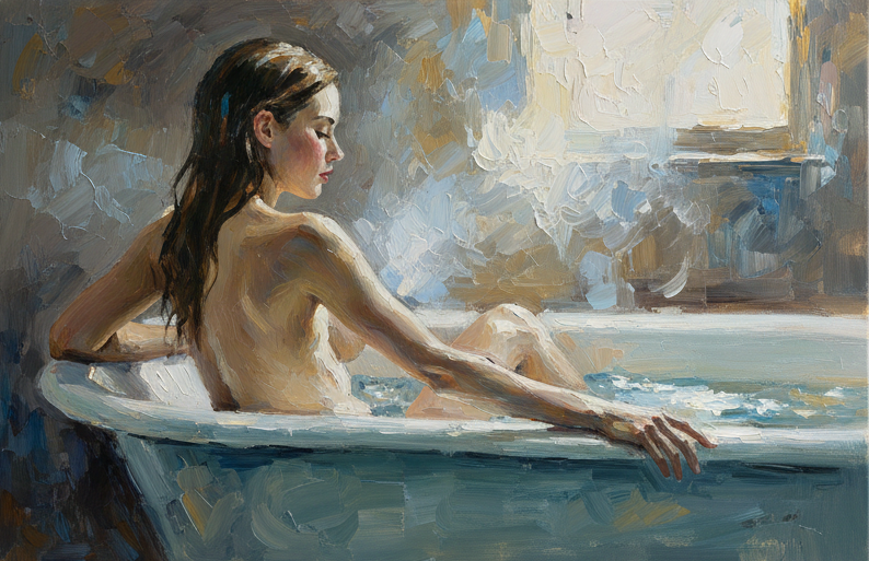 Original Acrylic Painting "Springside Sanctuary"60x80 cm depicting a serene young woman in a bath.