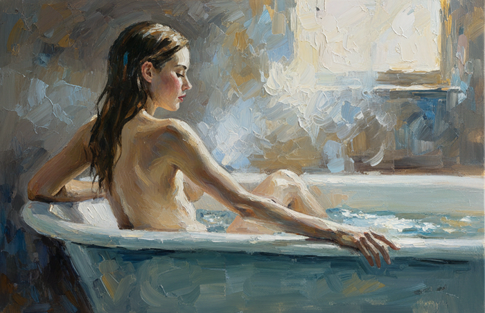 Original Acrylic Painting "Springside Sanctuary"60x80 cm depicting a serene young woman in a bath.