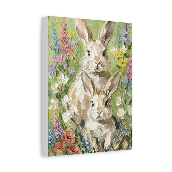 Fine Art Print of "Spring Aura" (60x80cm)" Wall Art Rustic Easter Painting featuring two bunnies in vibrant floral setting.