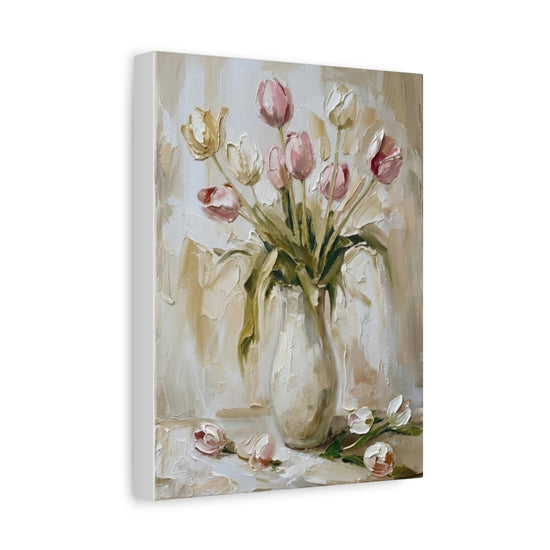 Fine Art Print of "Tulips" (60x80cm) Wall Art Rustic Easter Painting, vibrant tulips in vase, spring decor.