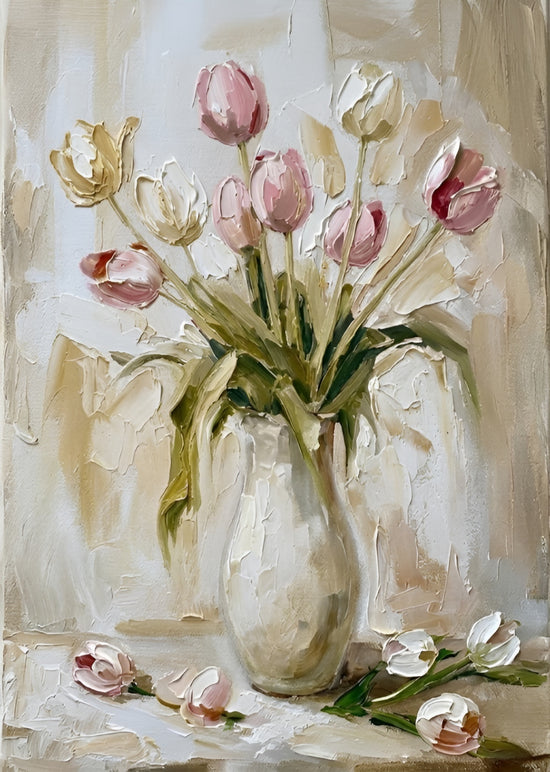 Fine Art Print of "Tulips" (60x80cm)" Wall Art Rustic Easter Painting featuring vibrant tulips in a vase.