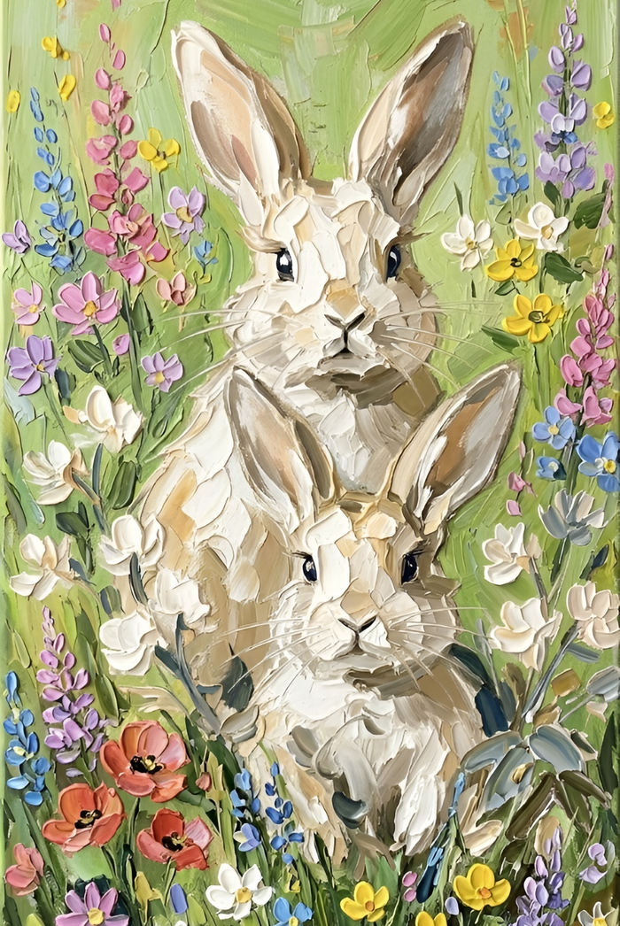 Fine Art Print of "Spring Aura" (60x80cm) Wall Art Rustic Easter Painting featuring two bunnies in colorful floral setting.